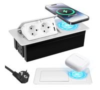 Prise Encastrable Bureau, Bloc Prise Escamotable avec PD20W QC3.0 USB C et 15W Charge sans Fil Qi (Téléphone/Montre/Écouteurs), Interrupteur Pop-up, Câble 1.8M 16AWG, Argent (A)