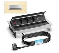 Prise encastrable en Aluminium 3 Prises avec 2 Ports USB-C PD 30W & 2 Ports USB-A - Bloc multiprise escamotable, Angle réglable pour Cuisine, Bureau & Plan de Travail, câble 1,8 m, argenté