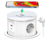 Prise Encastrable Plan de Travail 3 Prises, Multiprise Electrique USB C et USB A Ports, 15W Chargeur sans Fil, Parasurtenseur Parafoudre pour Les Cuisines Bureaux Chambres Salle de Réunion