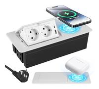 Prise encastrable plan de travail avec charge sans fil 15W & USB-C PD20W - Multiprise encastrable escamotable pour bureau et cuisine, 2 prises Schuko + USB-A, aluminium moulé sous pression, blanc