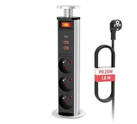 Prise Encastrable Plan de Travail avec Interrupteur, Multiprise 3 Prises Française avec USB C PD20W, Bloc Escamotable pour Cuisine 16A, Câble 1,8m