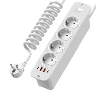 Prise Encastrable Plan de Travail USB C PD20W, Multiprise Encastrable 4 Prises avec 4 USB, Multiprise de Table avec Interrupteur, 1.5m Câble Spiralé, Multiprise Parafoudre et Surtension, Blanc