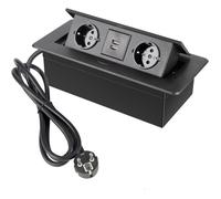 Prise encastrée avec 2 prises de courant et 2 ports USB, câble de 1,5 mètre, idéale pour les plans de travail et les bureaux, noir