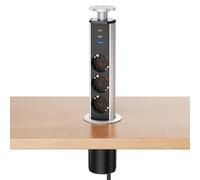 Prise escamotable 3 Prises avec 3USB, Bloc multiprise encastrable pour Cuisine et Bureau, câble 1,8 m, 4000W/16A, Ø60 mm, argenté