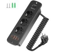 Prise escamotable à 3 prises avec 4 ports USB (2 x USB-A + 2 x USB-C) et interrupteur, prise encastrable pour table de table avec câble spiralé de 2 m, 4000 W/16 A, pour bureau, bureau à domicile et