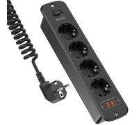 Prise escamotable avec USB, prise encastrée 4 prises avec 2 USB, support de table encastré avec 2 USB C, multiprise encastrée avec câble spiralé de 2 m pour plan de travail, meubles, noir