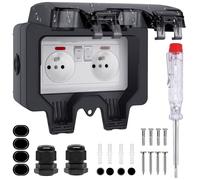 Prise Extérieure Etanche IP66 - Double Prise Electrique avec Interrupteur Témoin Lumineux Couvercle Coupe-Vent Boîtier Prise Murale Etanche pour Jardin Terrasse Garage Sous-sol Maison (Français)