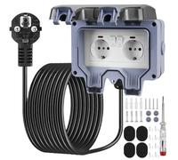 Prise extérieure, étanche IP66, double prise extérieure avec câble d'extension de 5 m, interrupteur, voyant lumineux, tournevis et couvercle à charnière, prise murale de jardin