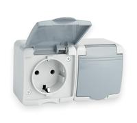 Prise horizontale 2 prises avec couvercle à charnière Montage en saillie 230 V 16 A IP44 Prise en saillie pour pièces humides Protection contre les éclaboussures et la poussière Prise Schuko avec