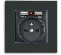 Prise Murale avec 2xUSB, 16A - Panneau en Verre Cristal Noir, Prise 250V avec USB (max. 2,1A), Convient aux Smartphones