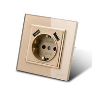 Prise Murale avec Prise Encastrable USB,2 prises USB,Prise murale d'intérieur 250V AC 16A,Prise de terre Panneau Verre Or BLJ05