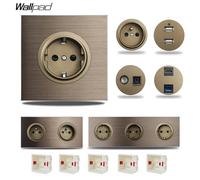 Prise murale électrique française EU en aluminium brossé brun, plaque 1-5 postes, port de charge USB, prise de câblage RJ45 CAT6
