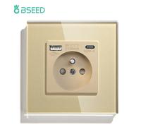 Prise murale française BSEED avec cadre en verre, charge de téléphone USB C 5V 2.1A, prise simple 110V - 240V, type-c, montage mural