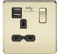 Prise simple sans vis avec double chargeur USB en laiton poli avec insert noir