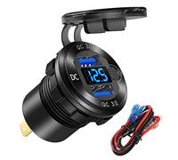 Prise USB 12V/24V Charge Rapide 3.0 Double Prise Chargement USB pour Voiture avec voltmètre Bleu, Kit de Chargeur U-S-B Allume-Cigarette en Aluminium étanche pour Voiture, Moto, Bateau, Golf, etc.