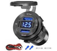 Prise USB 12V/24V, Chargeur de voiture à 4 ports USB 84W avec double PD3.0 & double QC3.0 à charge rapide, prise étanche en alliage d'aluminium avec voltmètre LED, compatible pour voitures, bateaux