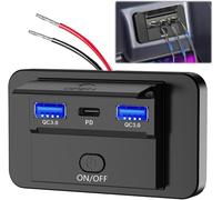 Prise USB 12V, Prise de Chargeur de Voiture, Dual QC3.0 USB and PD3.0 Type C Prise Voiture pour Voiture vec Interrupteur Étanch, Chargeur USB Voiture pour 12V/ 24V Voitures Bateaux, RV, Bus, Moto