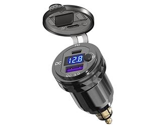 Prise USB Moto DIN, Qidoe Double Port QC3.0+PD 3.0 Adaptateur Din Hella avec Voltmètre LED Interrupteur - 12V-24V pour BMW Ducati Triumph - Remplacement Prise Accessoire Moto Européenne