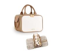 Prite Trousse de maquillage pour femme, grande capacité, étanche, trousse de toilette portable ouverte et plate avec porte-brosse autoportant et poignée, Beige/marron, Medium