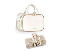 Prite Trousse de maquillage pour femme, grande capacité, étanche, trousse de toilette portable ouverte et plate avec porte-brosse autoportant et poignée, beige, Large