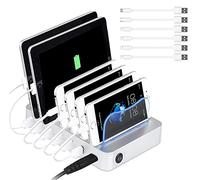 PRITEK Station de charge USB pour plusieurs appareils 50 W/10 A 6 ports avec câbles USB courts pour téléphone portable, tablette, casque, MP4 et autres appareils compatibles USB (argenté)