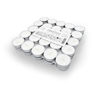 PRITOGO Bougies chauffe-plat, blanches, 38 x 12 mm, sans suie, durée de combustion : 4 heures (50 pièces en aluminium), non parfumées