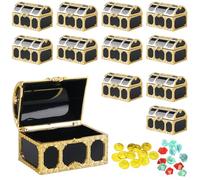 PRITOK 12 pièces Mini Coffre de Pirate : Petit coffre au trésor en plastique avec 12 pièces d'or et 12 pierres précieuses, coffre de pirates pour la décoration et le rangement de fête de pirates, 7,5