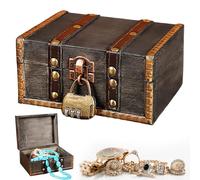 PRITOK Coffre au trésor vintage en bois : coffre au trésor vintage avec serrure à combinaison, boîte à bijoux avec couvercle, pour anniversaire d'enfant, petit coffre au trésor de pirate (15 x 12 x