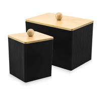 PRITOK Distributeur de cotons-tiges noirs : 2 distributeurs de coton avec couvercle en bambou, récipient multifonction en acrylique pour salle de bain, distributeur de coton pour salon, chambre à
