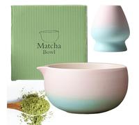 PRITOK Lot de 2 bols à matcha - 18 oz - Fabriqué à la main - Pour la cérémonie du matcha - Bol en céramique avec bec verseur - Dégradé de rose