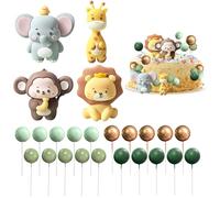 PRITOK Lot de 24 décorations de gâteau d'anniversaire en forme d'animaux, girafe, lion, éléphant, singe, décoration de gâteau, mini ballons pour mariage, fête, fête prénatale