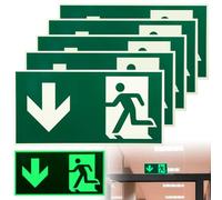 PRITOK Lot de 5 panneaux de sortie de secours en aluminium, 300 x 150 mm, phosphorescent, avec flèche inférieure, autocollant, marquage de sécurité, sortie de secours