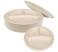 PRITOK Lot de 50 grandes assiettes en carton bagasse rondes avec 3 compartiments, super rigides, recyclables, vaisselle de camping, micro-ondes et four pour fête, maison, pique-nique