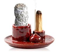 PRITOK Porte-encens en céramique 4 en 1 pour cône d'encens, plateau récupérateur de cendres pour méditation, support Palo Santo pour chaque encens, bâton d'encens (rouge)