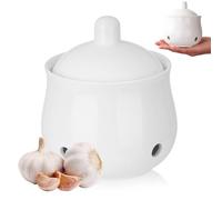 PRITOK Pot à ail en céramique : rangement d'ail avec couvercle et trous d'aération, 372295428089450 ml, respirant, 11,4 x 9,5 cm