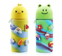 PRITOK Trousse à crayons en silicone souple : lot de 2 trousses en silicone, trousse à crayons en silicone, grenouille, poulet, livrée avec de petites pièces qui peuvent être combinées librement pour