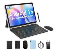 PRITOM Tablette 10 pouces, tablette 6-en-1, 16 Go, 64 Go ROM, Android 15, extensible jusqu'à 1024 Go, Quad Core, WiFi 6, 6000 mAh, tablette PC avec clavier, souris, étui, gris