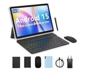 PRITOM Tablette 10 pouces, tablette 6-en-1, 16 Go, 64 Go ROM, Android 15, extensible jusqu'à 1024 Go, Quad Core, WiFi 6, 6000 mAh, tablette PC avec clavier, souris, étui, gris