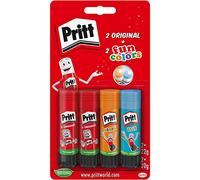 Pritt Bâton de colle, colle sûre et adaptée aux enfants pour l'art et les travaux manuels, colle forte pour l'école et les fournitures de bureau, 2 x 22 g originaux et 2 x 20 g de stylos colorés Pritt