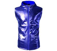 PRJN Débardeur sans manches en cuir PVC pour homme - Pour danse - Fermeture éclair - Décontracté - Sans manches - Avec poches - Tendance - Brillant - Sans manches, Bleu C, XL