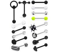 Prjndjw Anneaux de langue en acier chirurgical 14 g pour homme et femme avec anneau d'esclave, tête de mort, fleur, boule à picots souples/zircone/heurtoir de porte/pilule Piercing de langue Noir 1,6