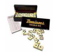 PRK 14 Coffret cadeau Double Six Dominos - 28 dalles avec toupies dans une boîte en bois de qualité supérieure - Ensemble de domino classique pour la famille, les amis et les collectionneurs