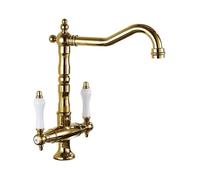 PRNDKYQZ Robinet d'évier de Cuisine for Bar, Ferme, Commercial, mélangeur d'eau Chaude et Froide à Double poignée monté sur Le Pont, Grue de Cuisine Finition Bronze Antique, Robinet monotrou(Gold)