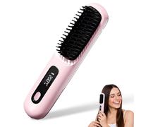 Pro 2025 Cordless Hair Straightener Brush & Curler 2-in-1, Portable Rechargeable Styling Comb with LED Display for All Hair Types (Pink)
