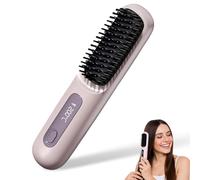 Pro 2025 Cordless Hair Straightener Brush & Curler 2-in-1, Portable Rechargeable Styling Comb with LED Display for All Hair Types (Purple)