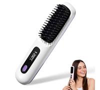 Pro 2025 Cordless Hair Straightener Brush & Curler 2-in-1, Portable Rechargeable Styling Comb with LED Display for All Hair Types (White)
