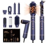 Pro Air Brush 7 en 1 Brosse Soufflante Air Styler Sèche-cheveux Ionique Haute Vitesse [110,000 tr/min] avec 7 Accessoires de Coiffure - Coffret Cadeau pour Femmes Ensemble de Brosses à Air Chaud, Bleu