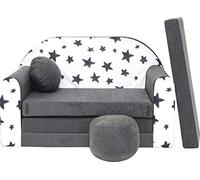 Pro Cosmo Canapé Pliable Enfants - Fauteuil Convertible Léger et Confortable avec Matelas Amovible, Coussin et Pufa, Lit d’Appoint Compact, Idéal Cadeau Noël/Anniversaire - Couleur AC1 Gris (Étoiles)