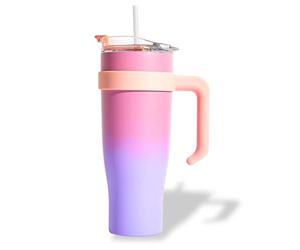 PRO DISTRI Mug Isotherme avec Paille et Poignée Ergonomique | Gourde XXL bicolore rose/violet en Inox pour conserver vos boissons au chaud ou au frais | Idéal pour le Bureau ou le Sport
