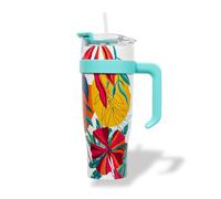 PRO DISTRI Mug Tropical Isotherme avec Paille et Poignée Ergonomique | Gourde bleue XXL en Inox pour conserver vos boissons au chaud ou au frais | Idéal pour le Bureau ou le Sport